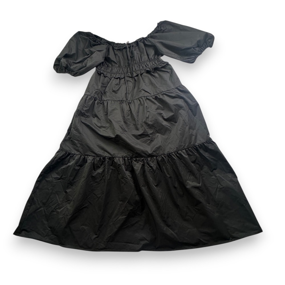 THML Tiered Midi Dress Womens XL Black Off Shoulder Puff Sleeve Smocked JH1935BK